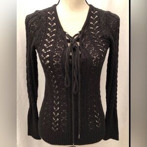 Free People Ginger Lace Up Pointelle Knit Black Sweater Size XS Goth Whimsy